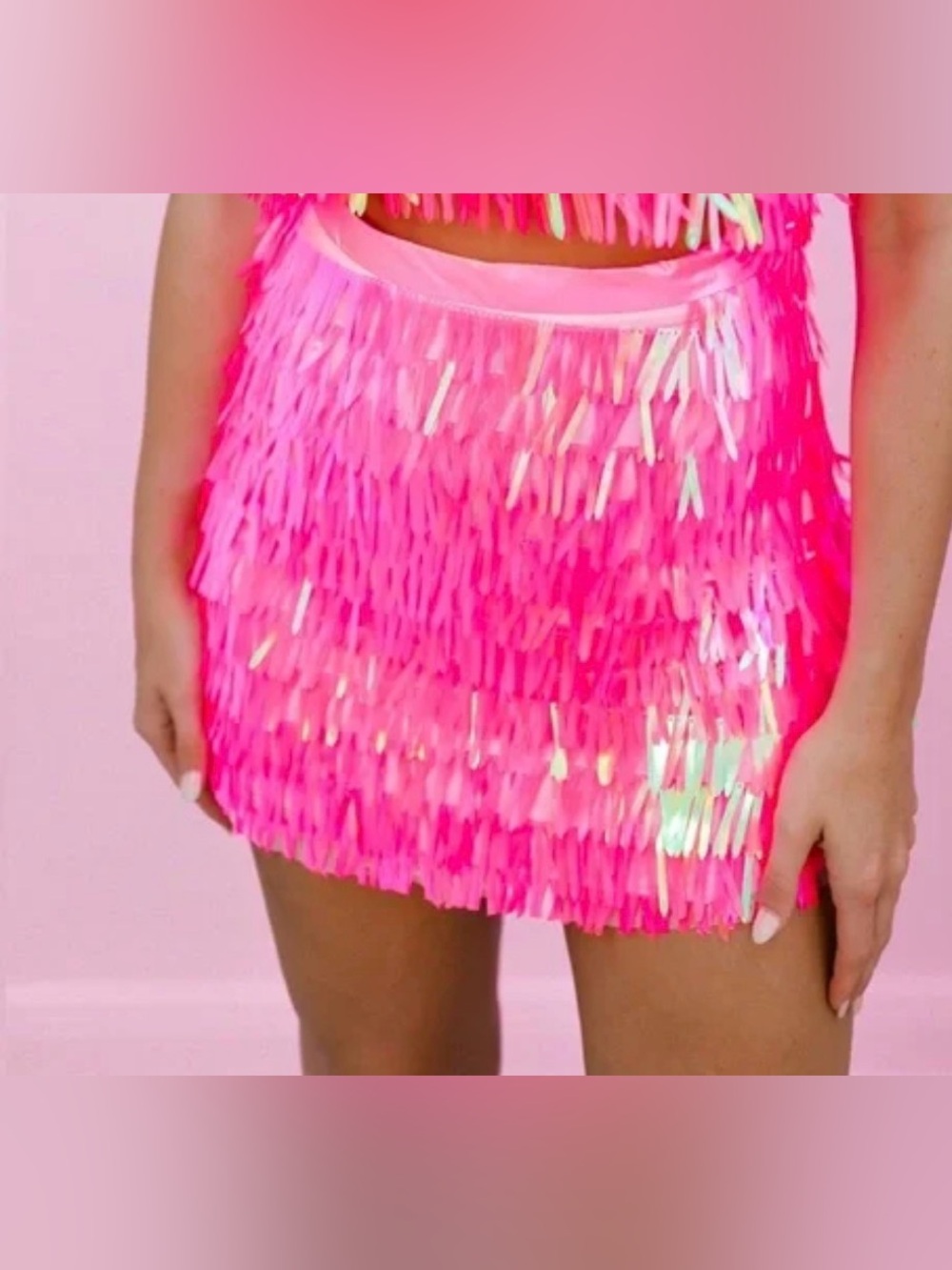 Queen of Sparkles pink sequin fringe mini skirt